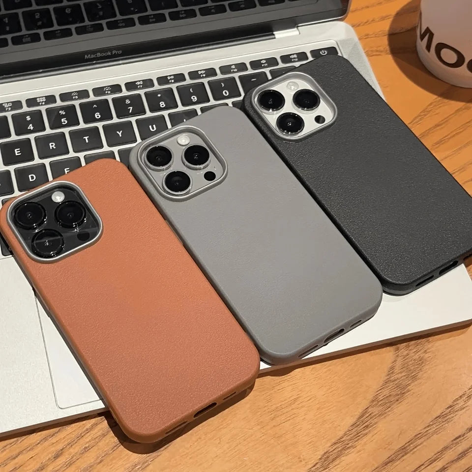 3-piece set of high-quality leather-textured metal frame phone cases for the new iPhone 16 Pro Max, also suitable for the new iP