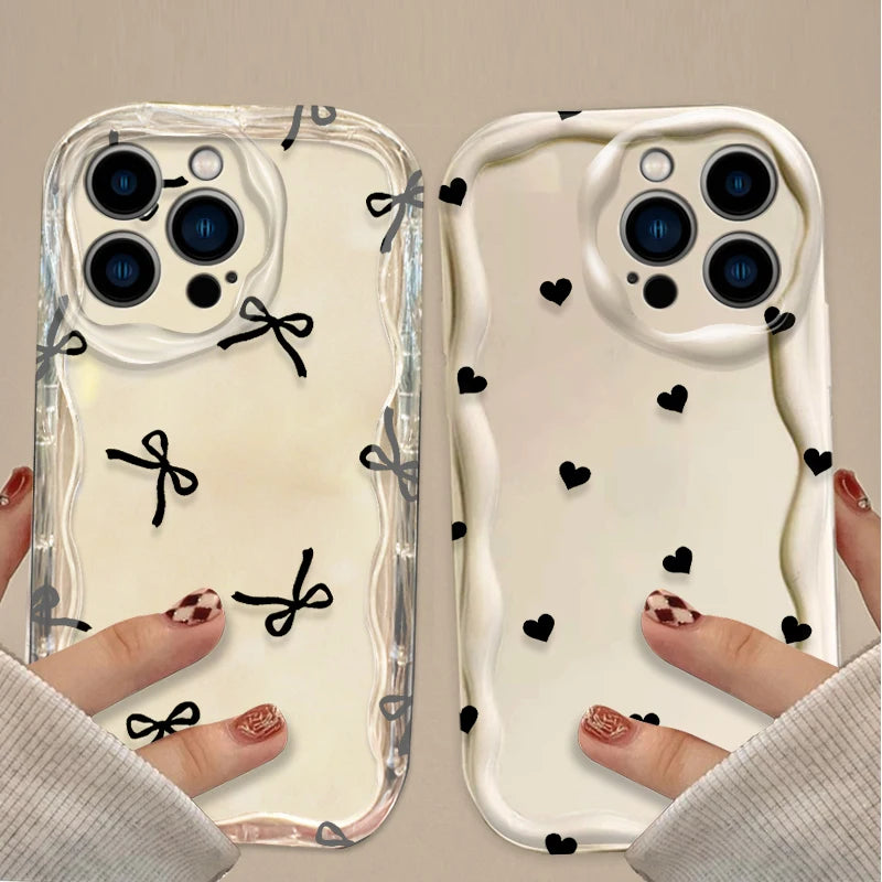 Black Bowknot Heart Phone Case for iPhone 17 Air 16 15 14 13 12 11 Pro Max Plus 16E XR XS X 7 8 Shockproof Silicone Back Cover